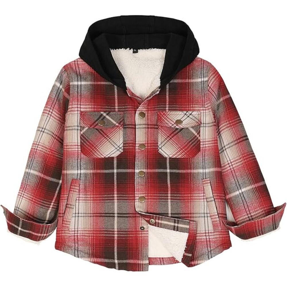 NEW Kids Plaid Flannel Shacket Size L Sherpa Lined Hooded Jacket
